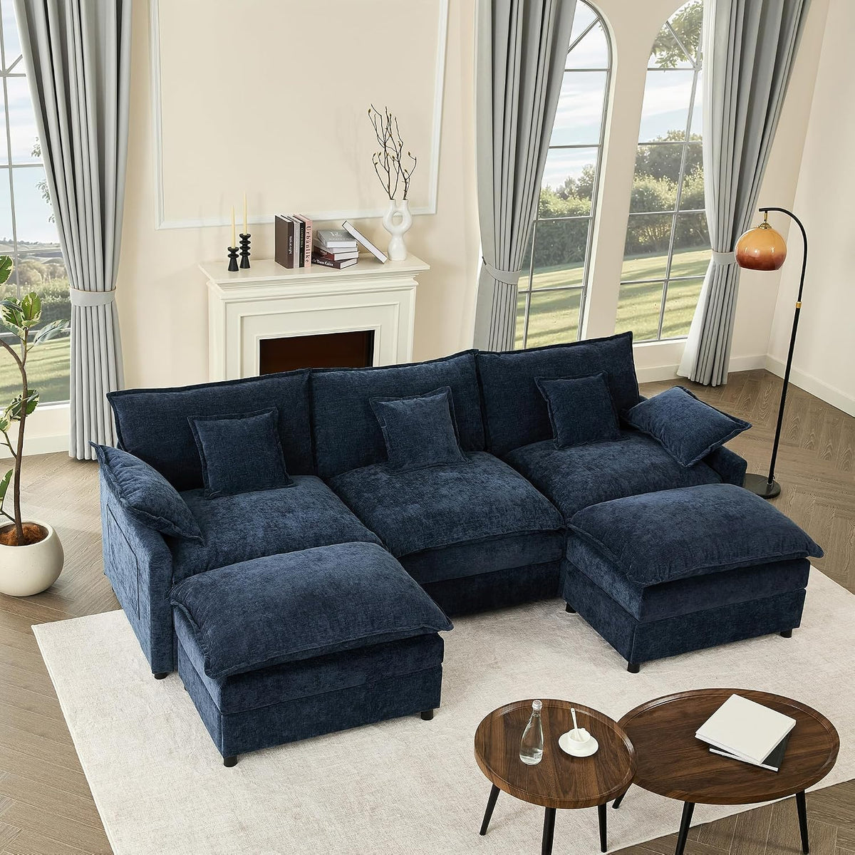 Sofa Litbird, Navyblau, U-förmiges modulares 3-Sitzer Eck mit Hocker, tiefes Sitzdesign, Cloud Couch für Wohnzimmer