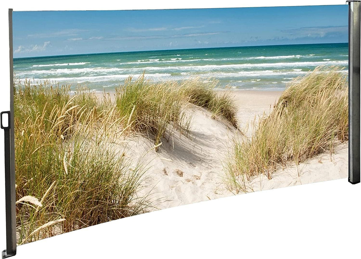 Jürgen Westerholt Markise, 160x300 cm, Blau/Beige/Grün, Seiten Sichtschutz Fotodruck Strand Düne Meer Ostsee