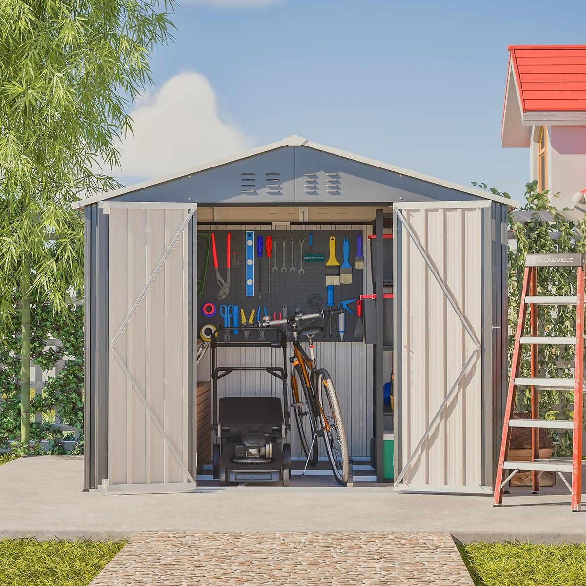 Gerätehaus DHWDS, 229x111x182 cm, Anthrazit/Grau, Gartenhaus Metall, Geräteschuppen Wetterfest mit Schrägdach und Belüftung