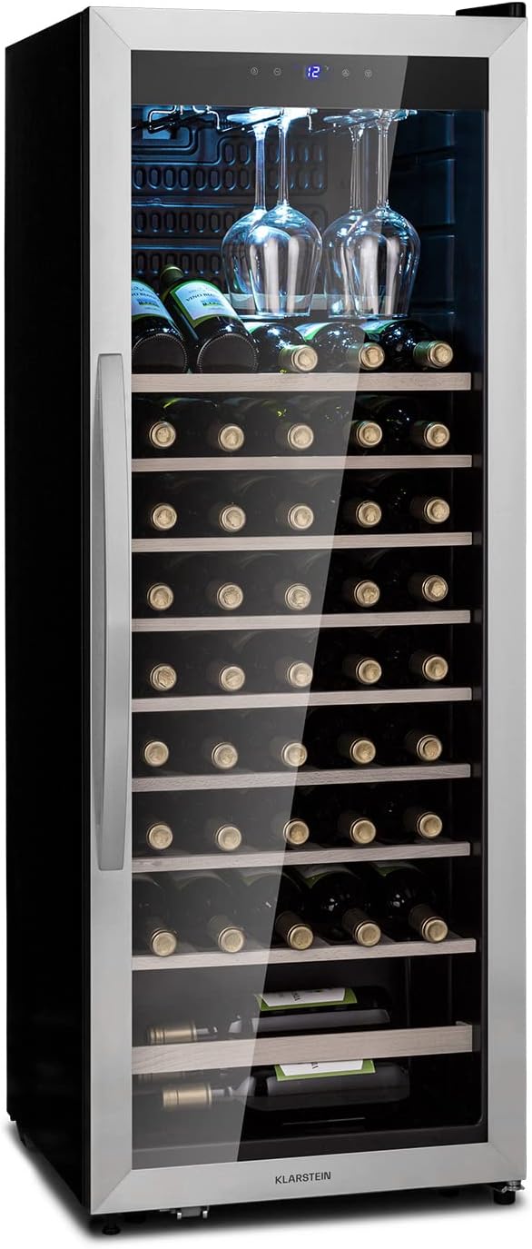 Klarstein Getränkekühlschrank, Schwarz, Weinkühlschrank, Schmal, Kühlschrank mit Glastür, Getränkekühlschränke Freistehend