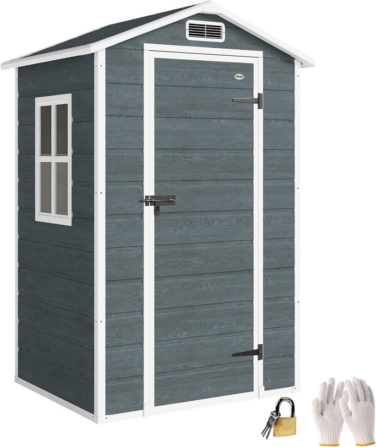 Gerätehaus Outsunny, 128 x 104 x 196 cm, 1,1 m, Grau, ² Geräteschuppen mit Holzoptik Fenster Kunststoff, Gartenhaus für Werkzeuge
