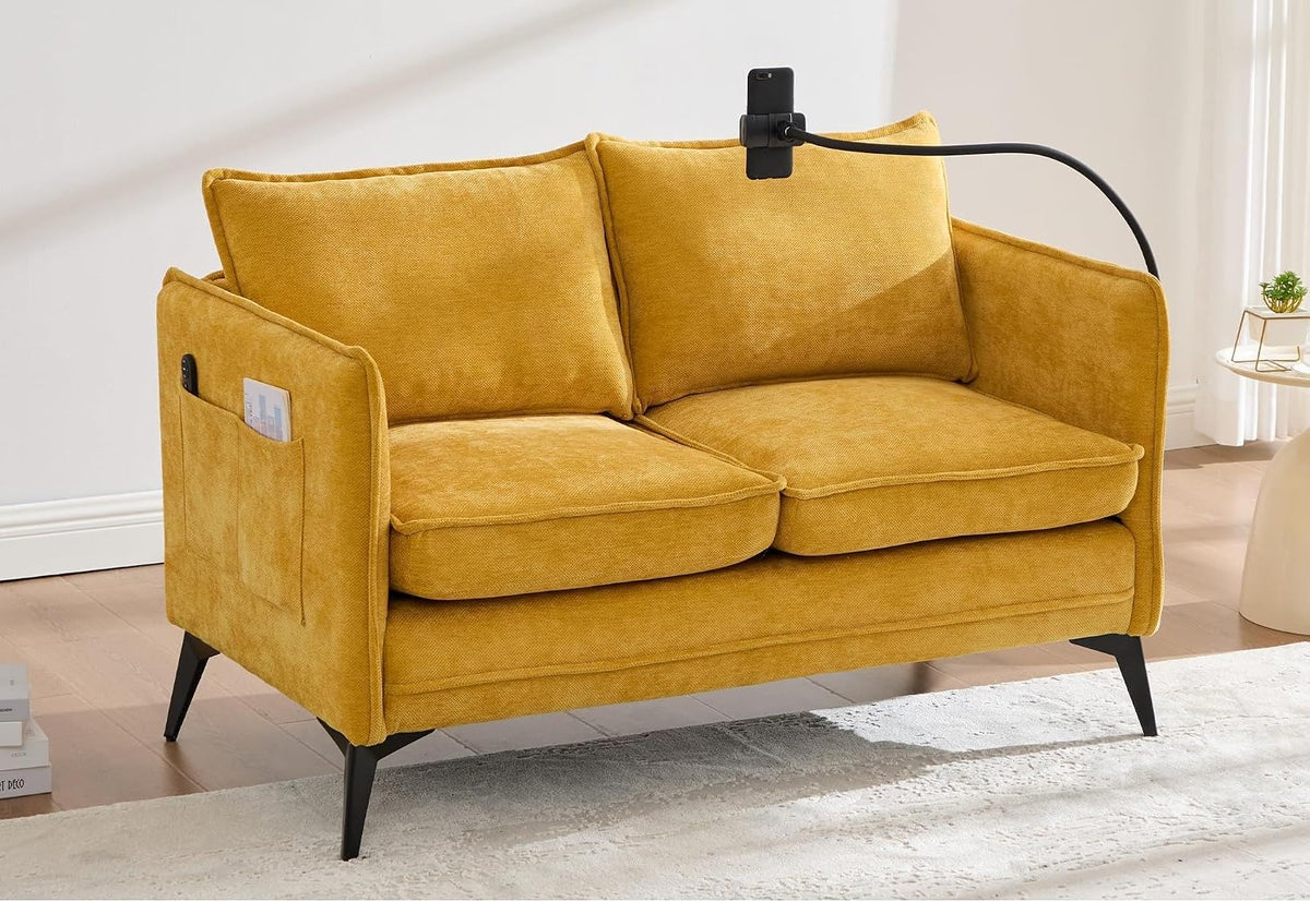 kozamas Sofa, 127x69x66 cm, 250 kg, Gelb, 2-Sitzer klein mit Handyhalter & Seitentaschen, Chenille Stoff für kleine Räume