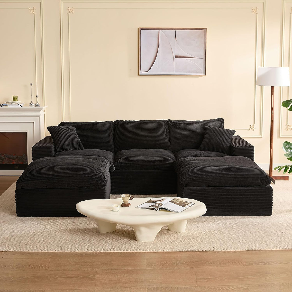 Sofa Litbird, 268 cm, Schwarz, Modulares Eck & Schlaf, Montagefrei, Tiefe Sitzfläche, Cordstoff, Verwandlungs für Wohnzimmer