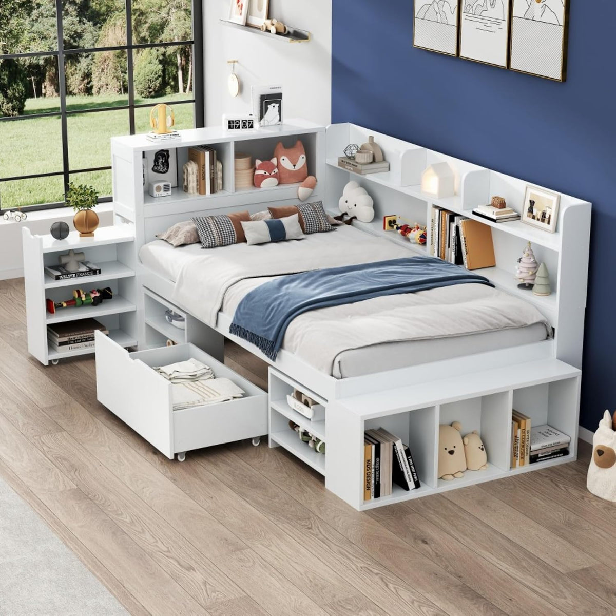 EINHOM Matratze, 90x200 cm, Weiß, Einzelbett, Stauraumbett mit Schubladen, Bücherregal und Stauschrank, Multifunktionales Bett