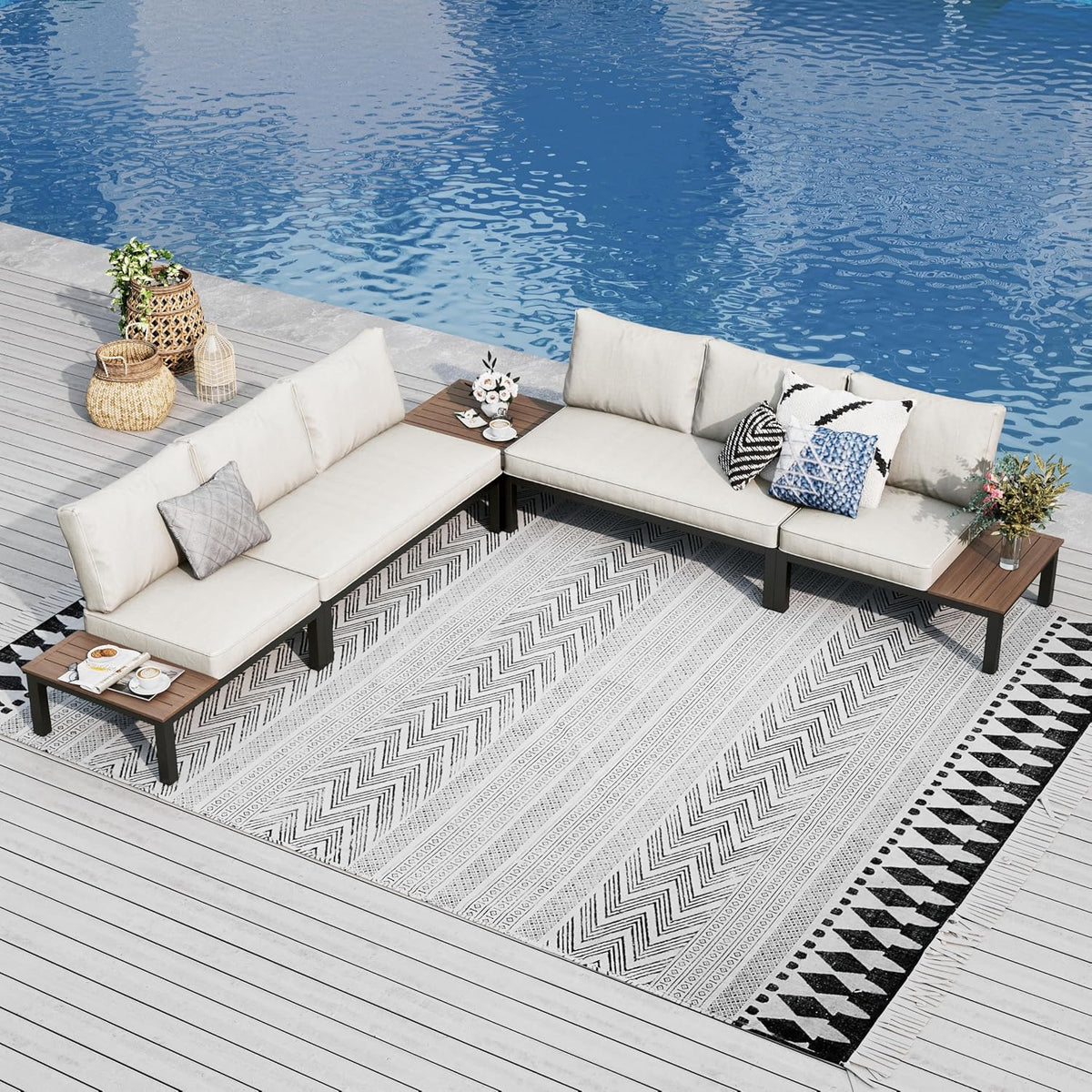 Sofa PHI VILLA, Beige, Gartenmöbel Balkonmöbel Set 5 Teilig, Metall Lounge Möbel Outdoor Gartenlounge Set 6-Sitzer