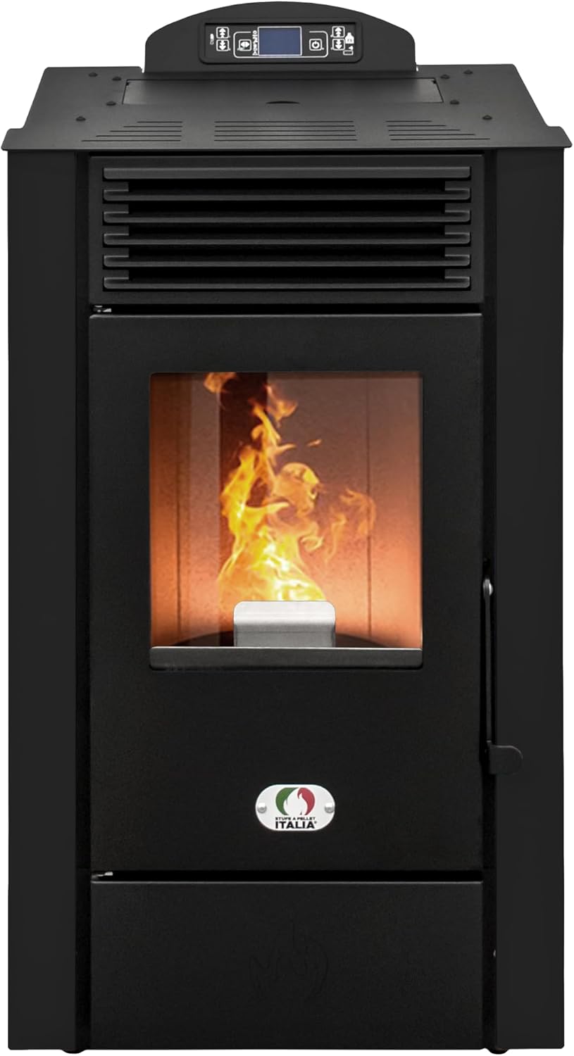 STUFE A PELLET ITALIA Kaminofen, 10 KW, 85m, 24M, Schwarz, Alaska, öfen mit Belüftung Effizienz 91% Heizt ² Autonomie 20 Sdt
