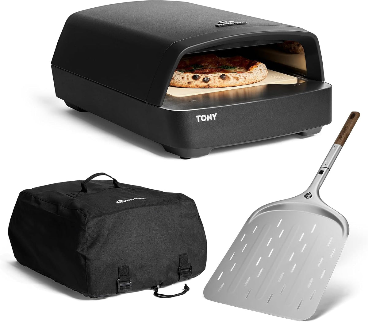 BURNHARD Pizzaofen, 58,5 x 47,7 x 24,8 cm, 5,9 kW, Schwarz, Gas - Tony inkl. Pizzaschieber & Abdeckhaube, 450 °C