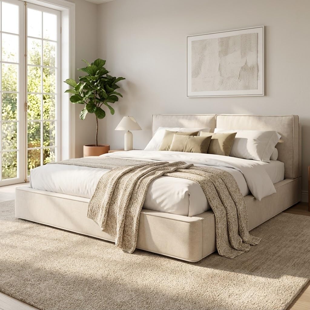 Merax Matratze, 180x200 cm, Beige, Polsterbett mit hydraulischem Stauraum, Doppelbett mit Lattenrost und Kopfteil