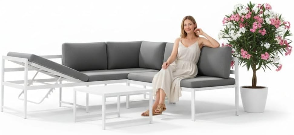 Mucola Gartenmöbel-Set, Weiß/Grau, Gartenmöbel Set Weiß Aluminium Ecklounge 6-Fach, wetterfest und rostfrei, extra Dicke Wasserabweisende Kissen