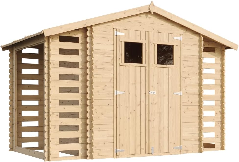Gerätehaus TIMBELA, Weiß, Holzhaus Gartenhaus mit Brennholzschuppen M391 -, 53 + 0, 97 + 0, 97 m2 Lagerschuppen für Garten - Fahrrad Schuppen
