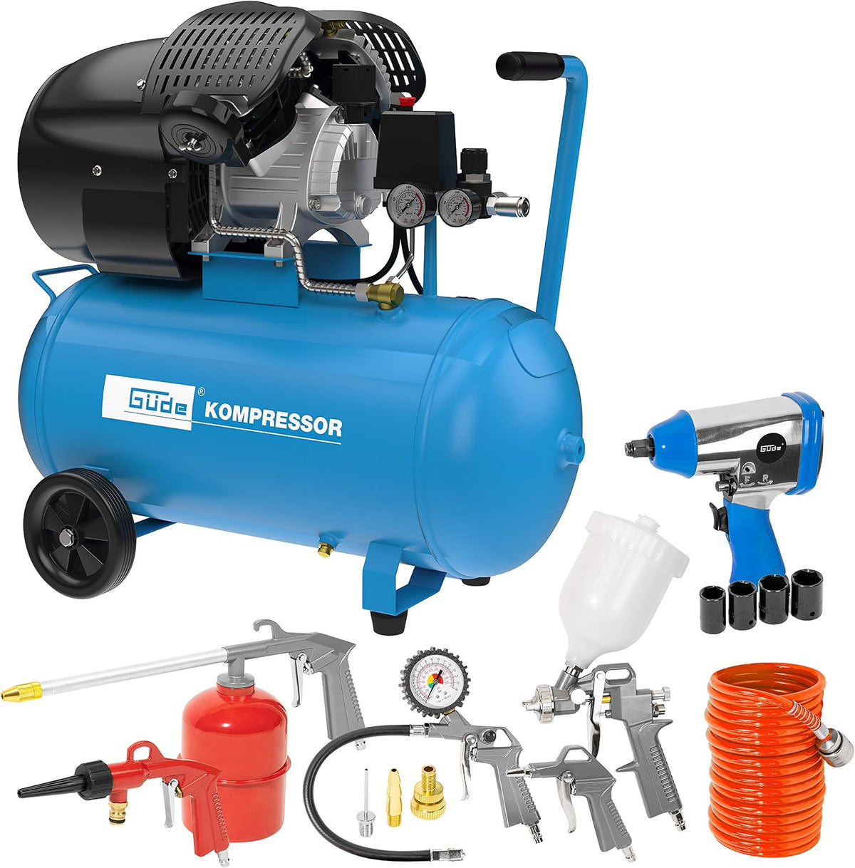 Güde Kompressor, 10 bar, 2200 W, 250 l, Grau, Set 405/10/50 15TLG (ölgeschmiert, 50 l Kessel, eff. Liefermenge /m