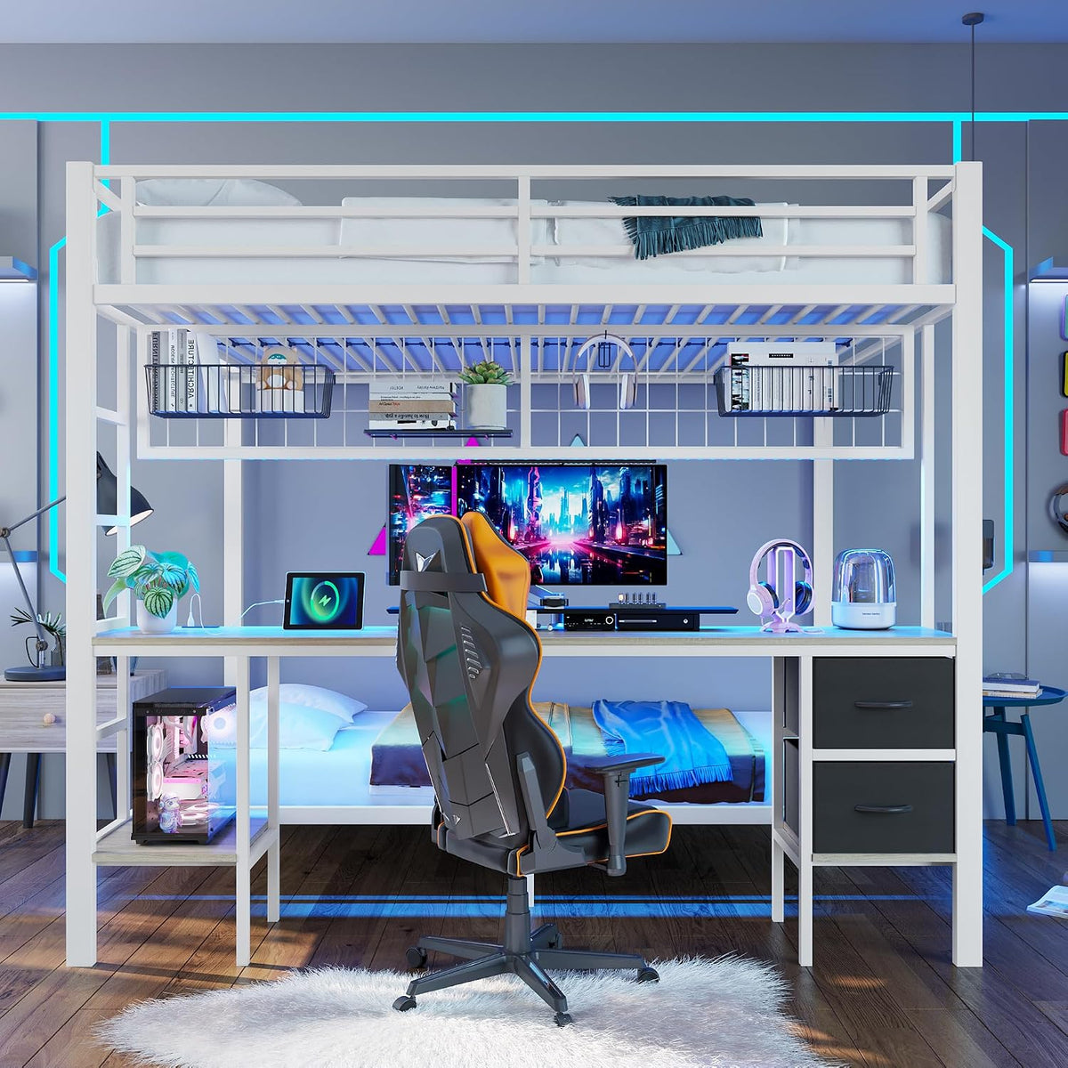 Oxtao Bett, 140x200 cm, Weiß/Schwarz/Orange, Etagen 90x200+, Hoch mit Schreibtisch, Ablagen&Schubladen, Mit 7-Farbiger LED-Leiste