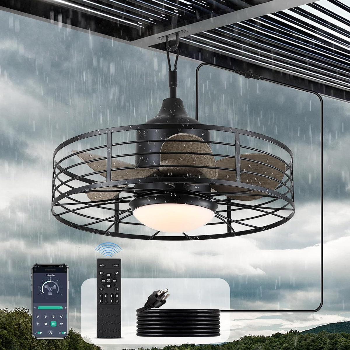 HUYOY Deckenventilator, Schwarz/Braun, mit Licht und Fernbedienung für Aussen IP65 Wasserdicht