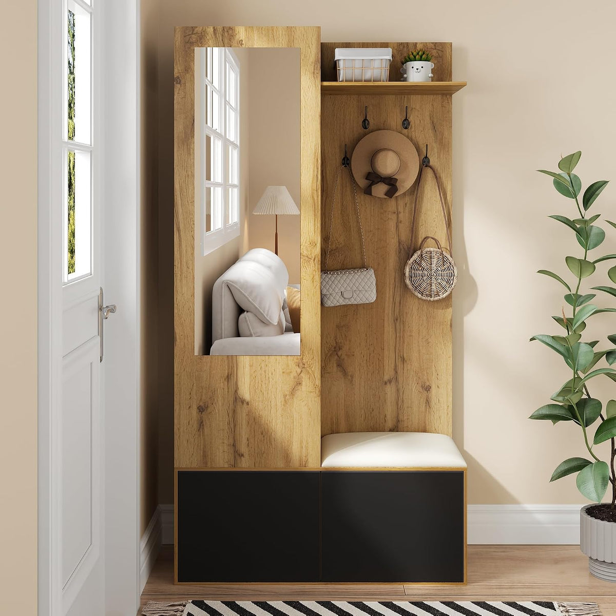 HAUSPROFI Sitzbank, 191x100x38 cm, Schwarz, Garderobe Set, Flur Garderoben Komplettprogramme, mit Spiegel Schuhschrank