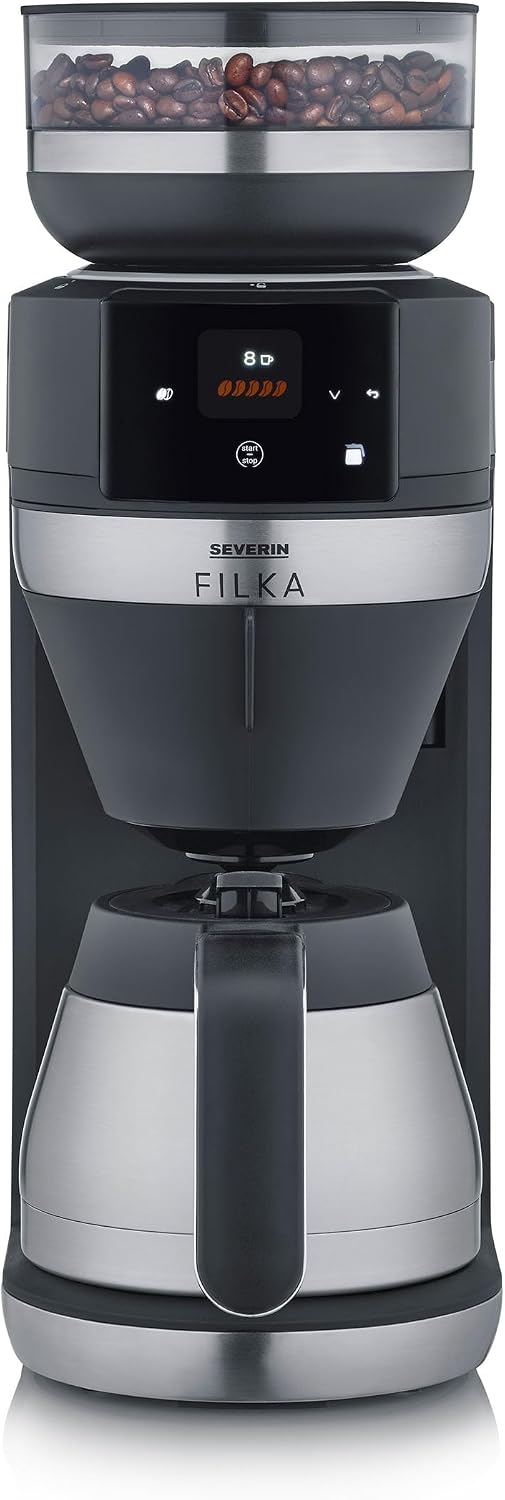 SEVERIN Kaffeemaschine, schwarz, FILKA, Vollautomat für Filterkaffee, 5-in-1 Filter mit LED-Display, Mahlwerk, mit Thermokanne