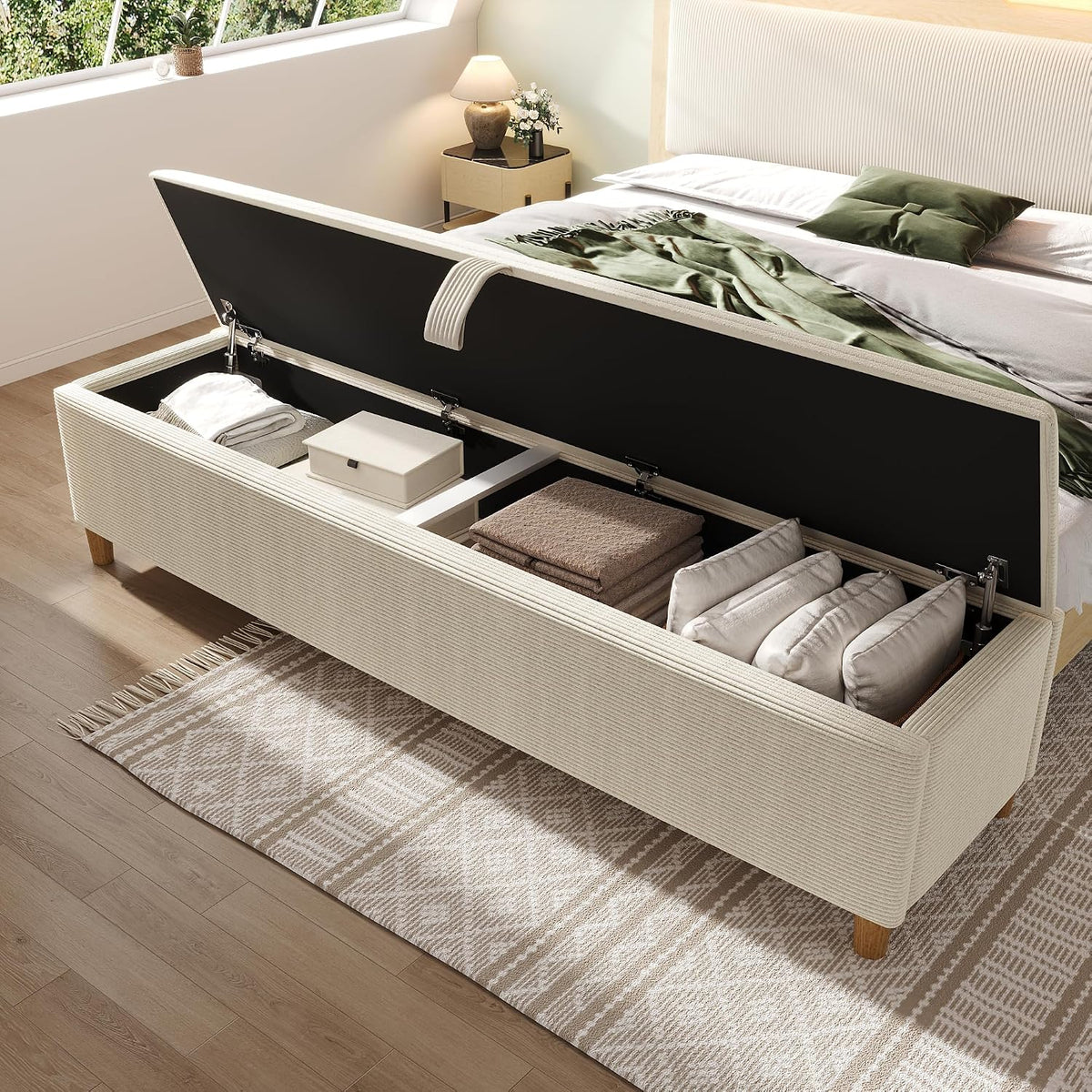 RIAZOS Sitzbank, 175 x 38 x 46 cm, Beige, Polsterbank mit Hydraulischem Stauraum, Aufbewahrungsbox, Bettbank für Flur