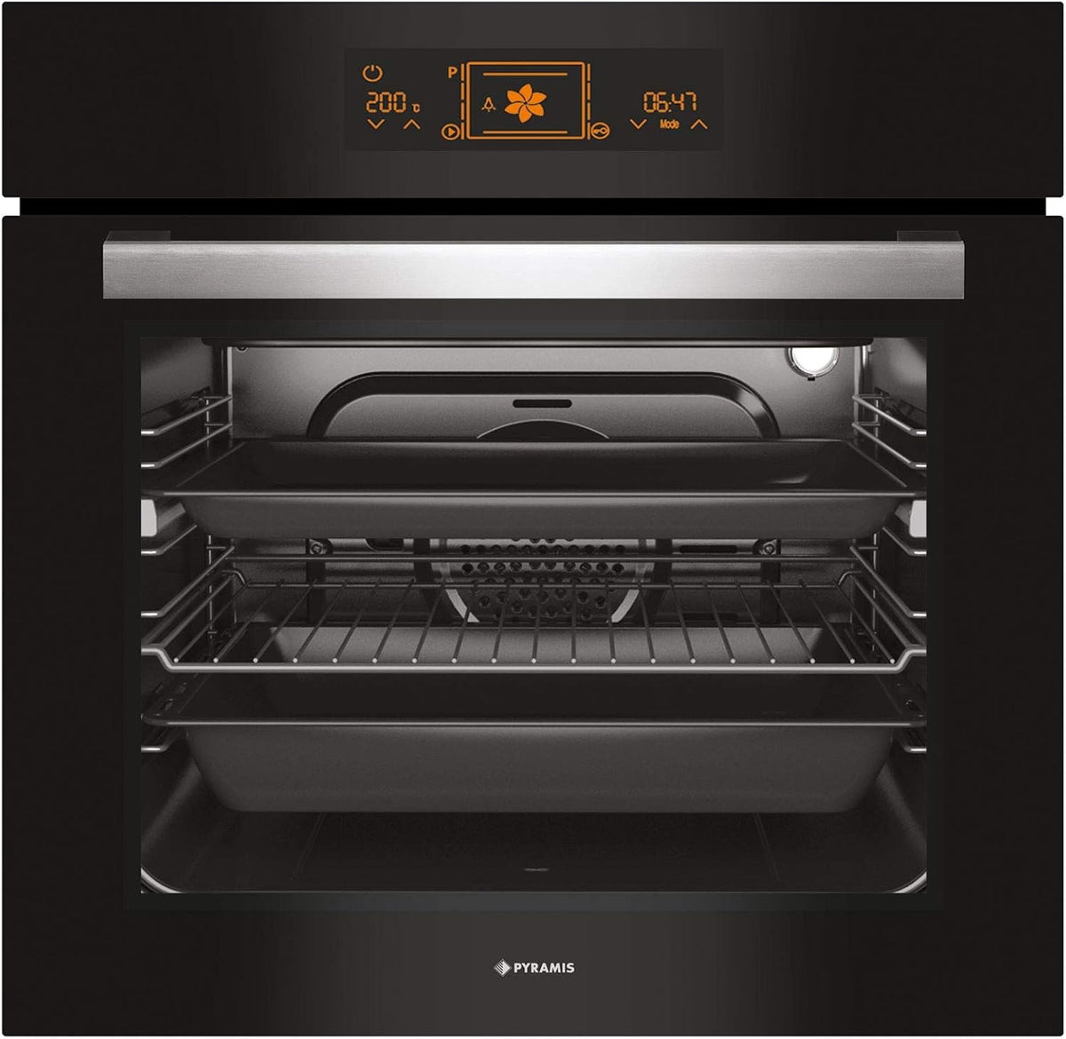 Pyramis Backofen, 60 cm, Silber, schwarzer Edelstahl Einbau mit Grill-Spieß