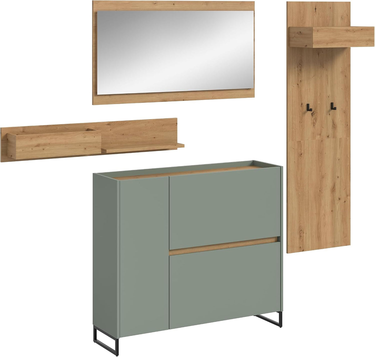 furnling Sideboard, Salbei/Holzoptik Eiche, Dravo Garderobenkombination, in Salbei und Holzoptik Artisan Oak, 3-teiliges Set mit Schuhkommode