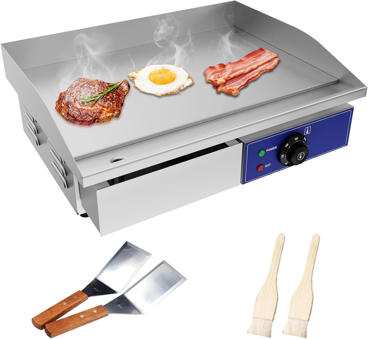 TAIMIKO Elektrische Grillpfannen, 55 x 35,5 cm, 3000 W, Silber/Blau, Elektrische Grillplatte, 2 Kochzonen, Kommerziell