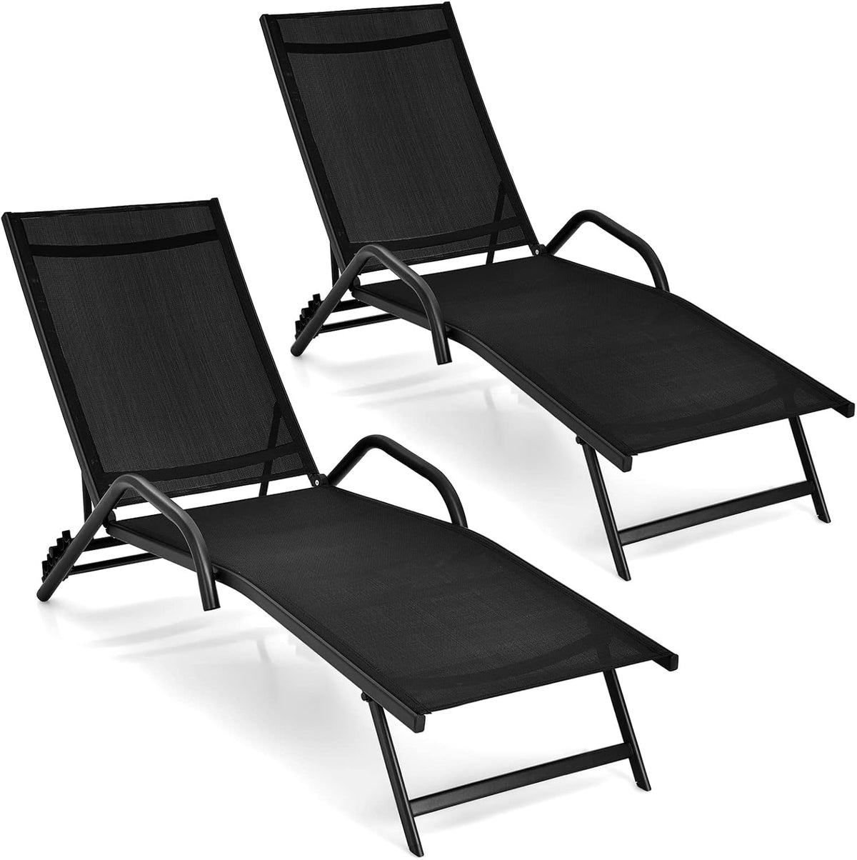 COSTWAY Liegen, Schwarz, 2er Set Sonnenliege wetterfest, Gartenliege mit Armlehnen