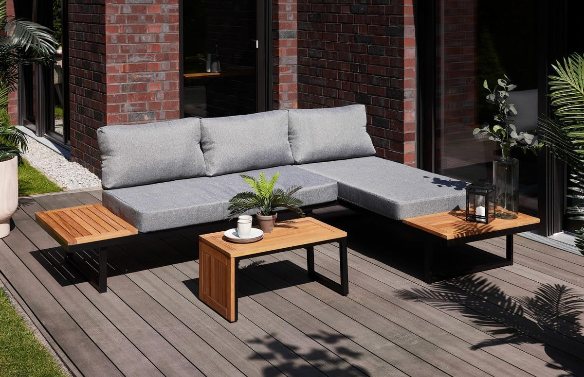 Primaster Sofa, Grau/Braun, Gartenmöbel Set Vulcano 4 Personen Holz Alu Eck Sitzgruppe