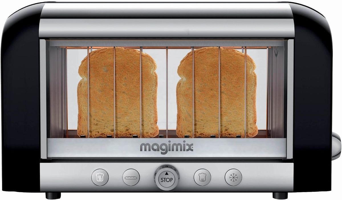 Magimix Toaster, 1450 W, Schwarz, Vision - Design- mit Glasfenster, 2 Scheiben, Auftau- & Aufwärmfunktion, extra breite Schlitze