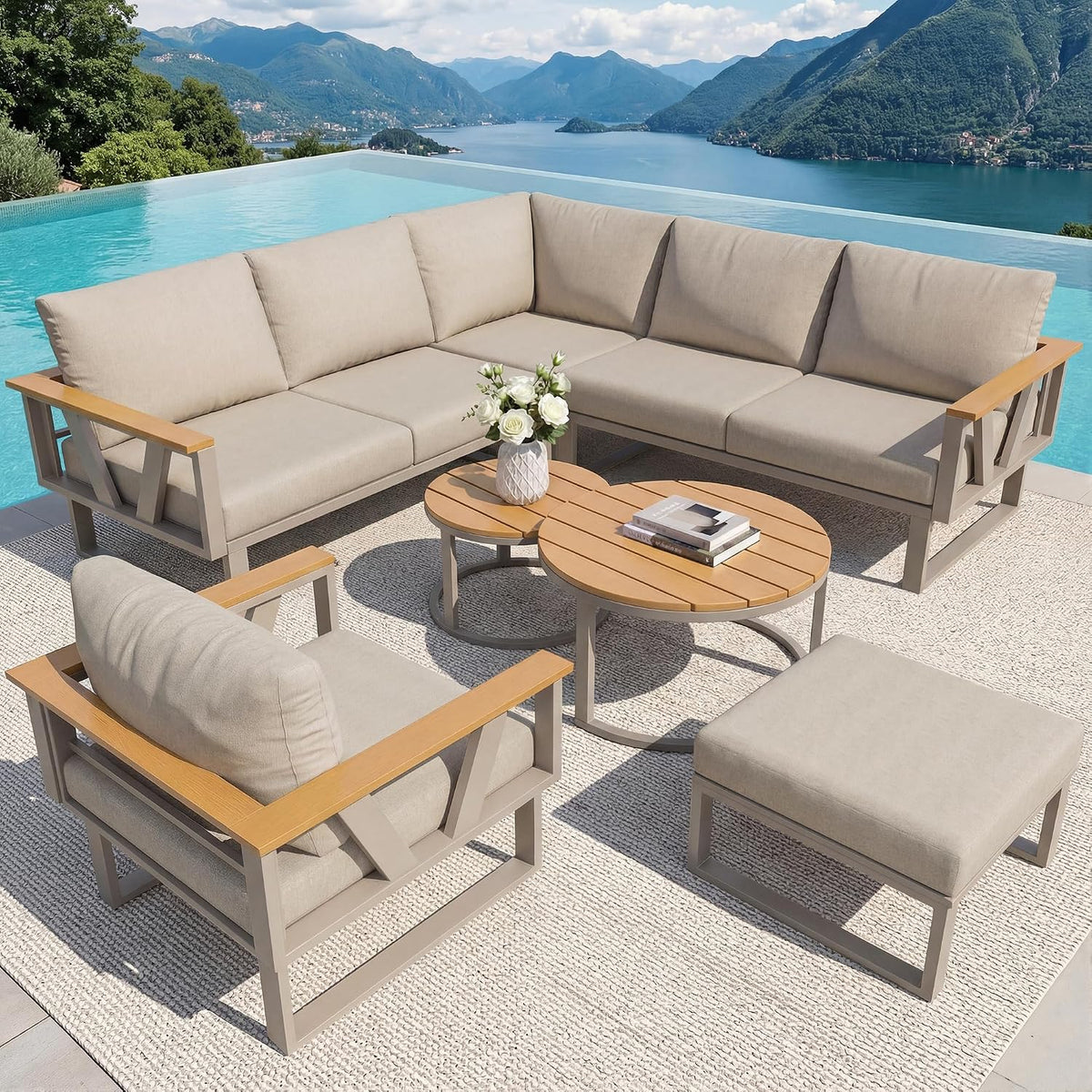 Sofa LinoraFurn, 177×177×79 cm, Beige, L-Form Garten Set mit Holzarmlehnen/Wetterfeste Eckgarnitur, Sessel & Hocker 7-Personen/Mit Polstern (