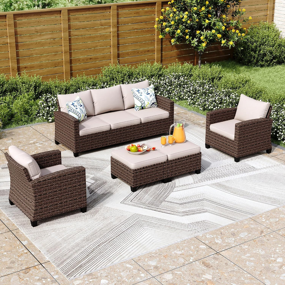 Gartenmöbel-Set PHI VILLA, Beige, Gartenmöbel Set Balkonmöbel 5 Stück, Rattan Lounge Möbel Outdoor Gartenlounge Set 7-Sitzer