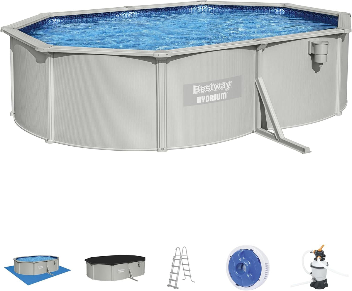 Bestway Stahlrahmenpool, 500 x 360 x 120 cm, Weiß/Blau, Hydrium StahlwandPool Set, oval mit Sandfilterpumpe, weiß