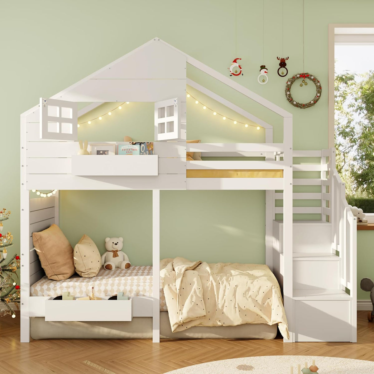 BEJUDYTT Bett, 90x200 cm, Weiß, Etagen, Hoch, Kinder mit Rausfallschutz und Stauraumtreppe, Jugend, mit Fenster