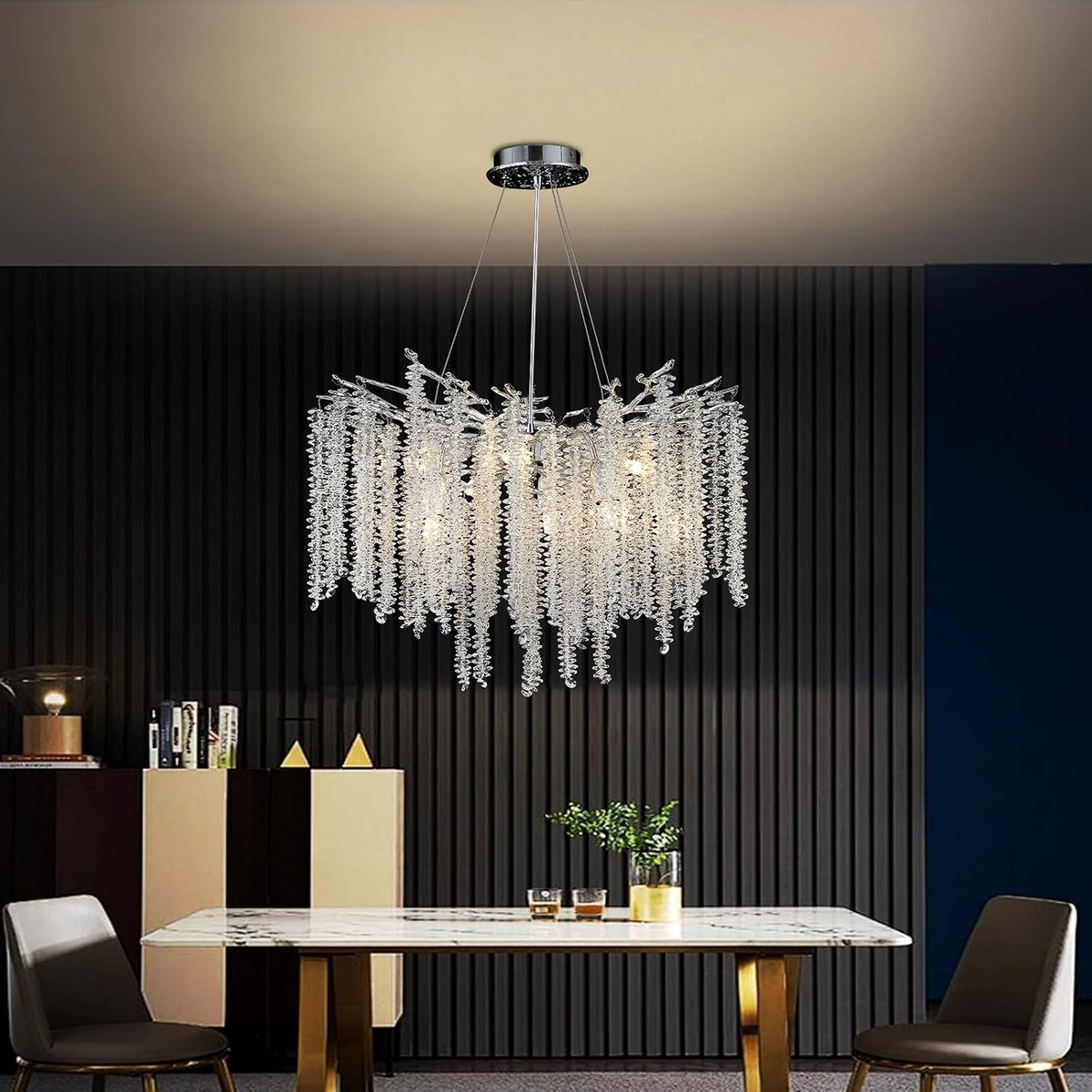 AHXIAOZN Kronleuchter, 60 cm, Silber, Luxury Tree Branch, Modern Kristall Leuchte, Große Rund Luxus Kristall Pendelleuchte
