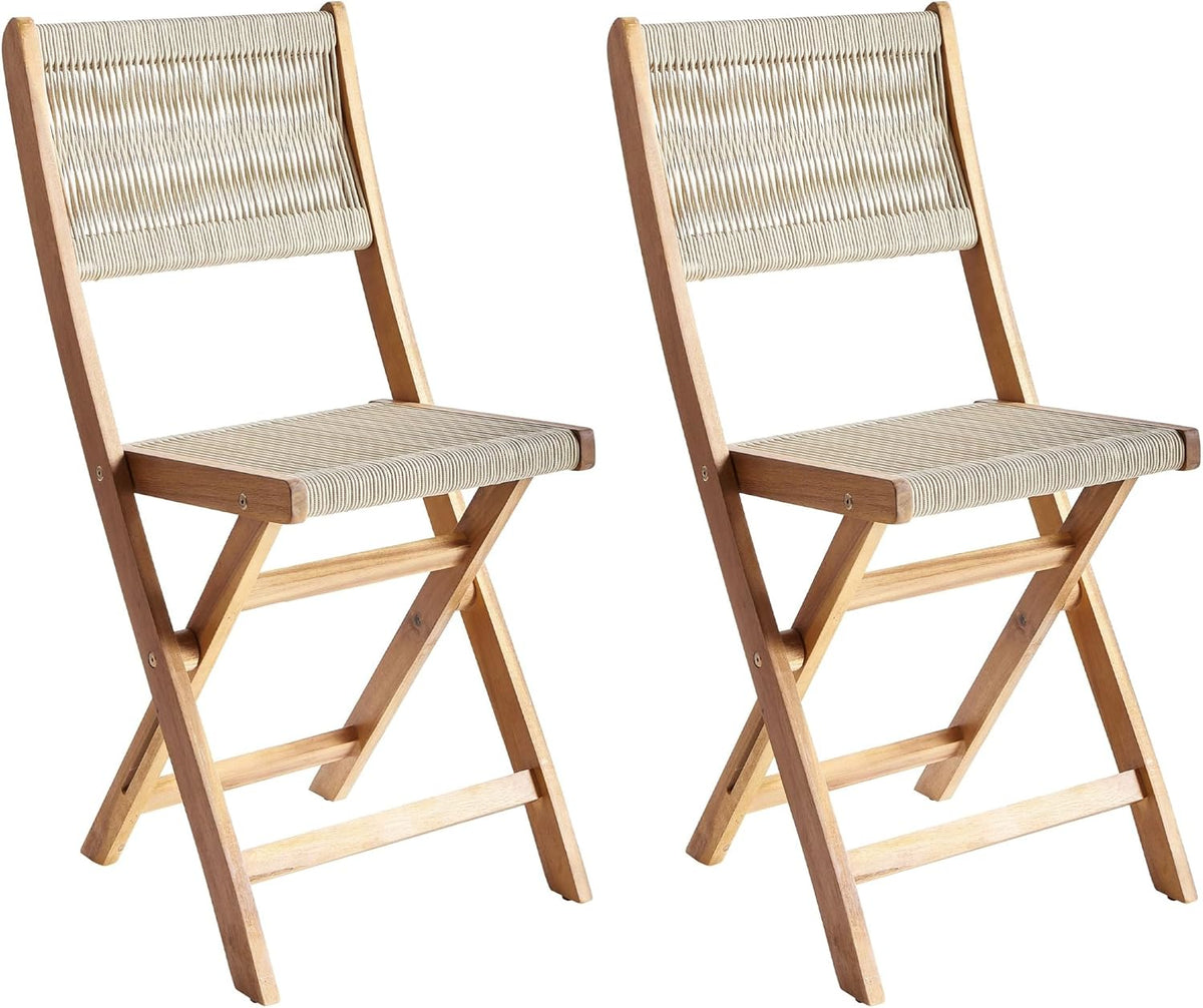 Beliani Lounge-Stühle, Akazienholz, beige, Gartenstühle 2er Set Akazienholz mit Seilgeflecht klappbar