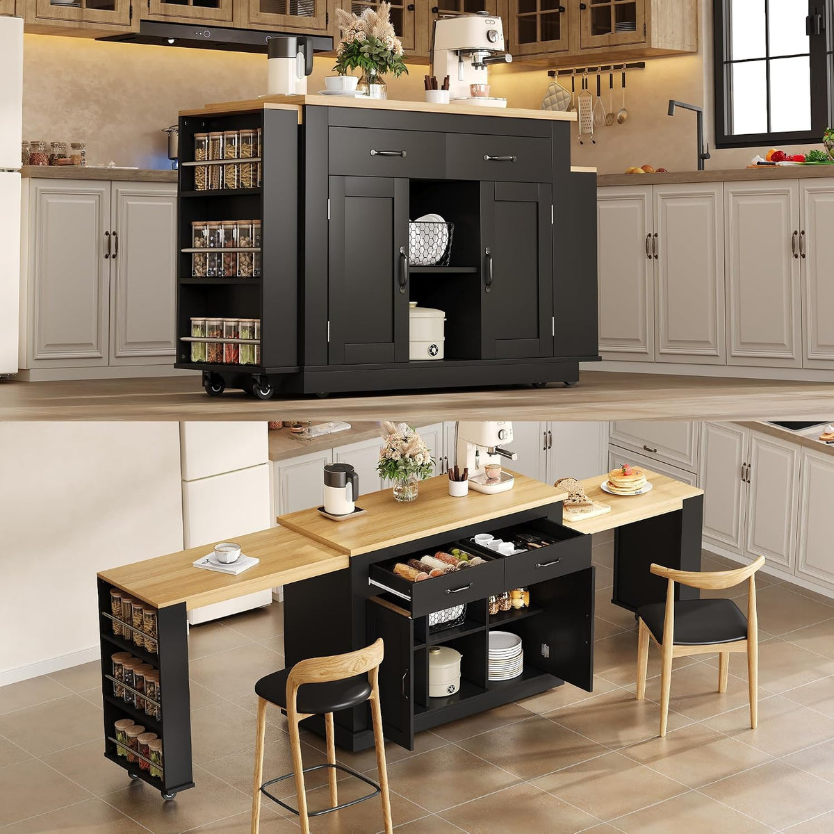 muenfly Buffetschrank, Schwarz/Holz, Ausziehbarer Kücheninsel Freistehend mit Arbeitsplatte, Mobile Kücheninsel mit Ausziehbaren Tischen