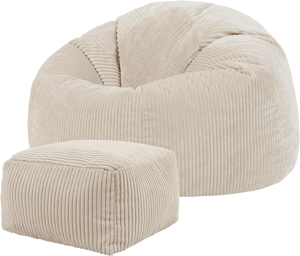 Icon Sofa, Beige, Kingston Sitzsack mit Hocker Cord, Sitzsack Erwachsene mit Füllung, Bean Bag, Cord Sessel, Lounge Sessel