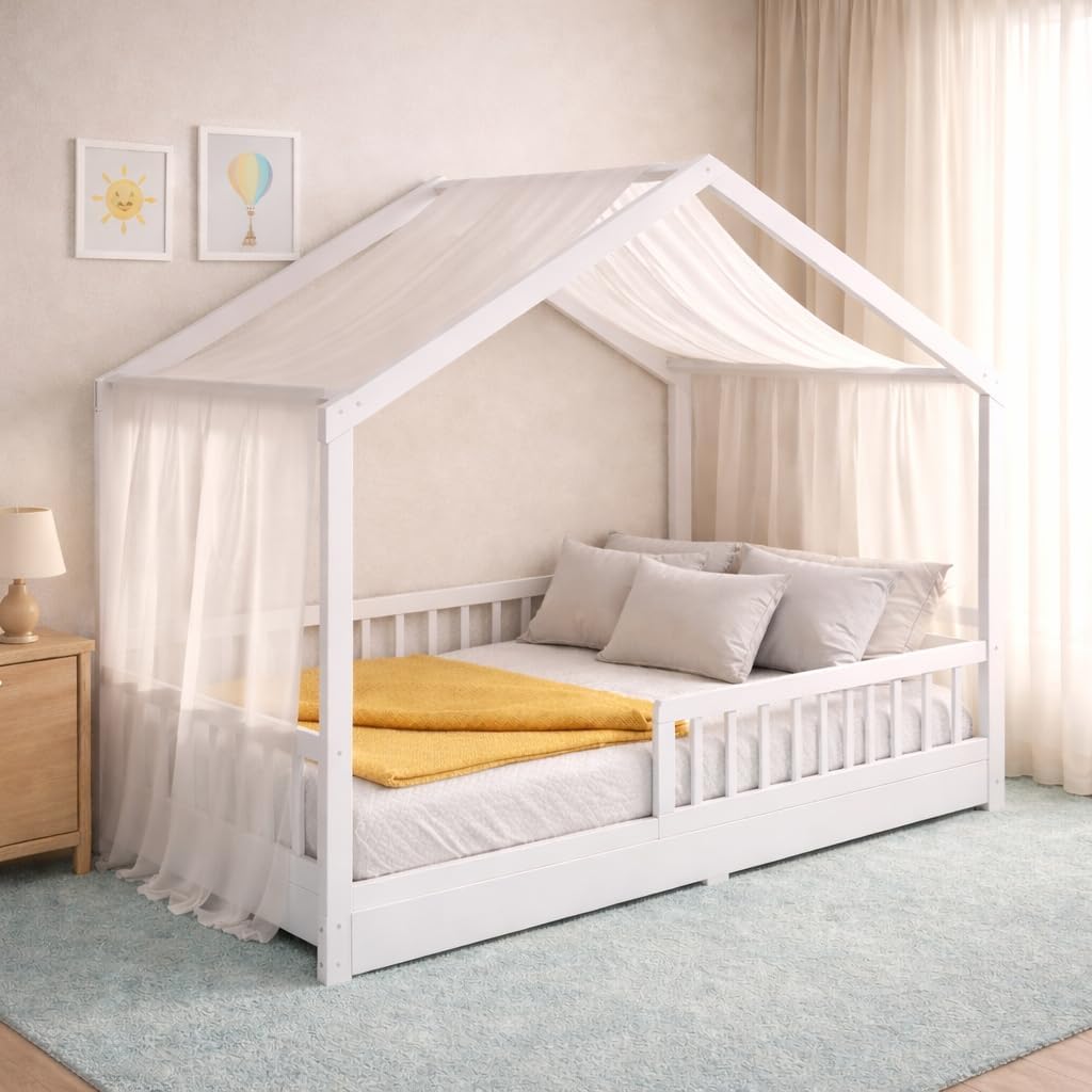 CADANI Bett, 90x200 cm, 200 kg, Weiß, Malte Kinder, Haus mit abnehmbarem Rausfallschutz, bis belastbar, Roll-Lattenrost