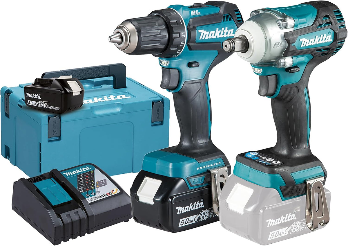 Makita Akkuschrauber, 5,0 Ah, 18 V, Schwarz/Blau, DLX2452TJ Akku-Kombo-Kit 'KFZ-Set' (DDF485 + DTW300) /, 2 Akkus + Ladegerät im MAKPAC
