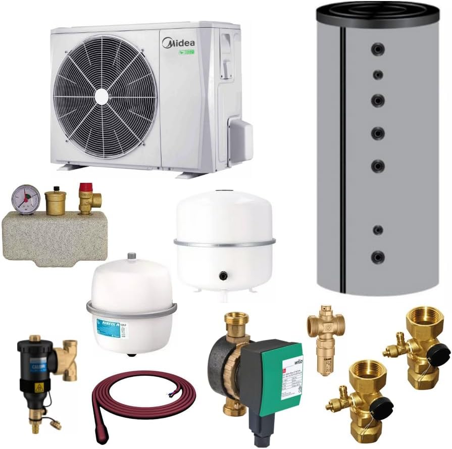ThermoFlux Wärmepumpen, 12,1 kW, Weiß/Grau/Schwarz, Midea by Monoblock Wärmepumpe Bafa Komplettset
