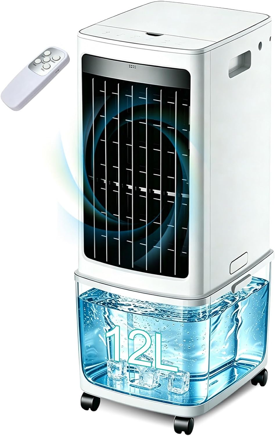 12 L Turmventilator, 12 L, 45 W, Weiß, Verdarmungsluftkühler mit Nacht Wassertank, Niedrigenergie-Klingenloses Design