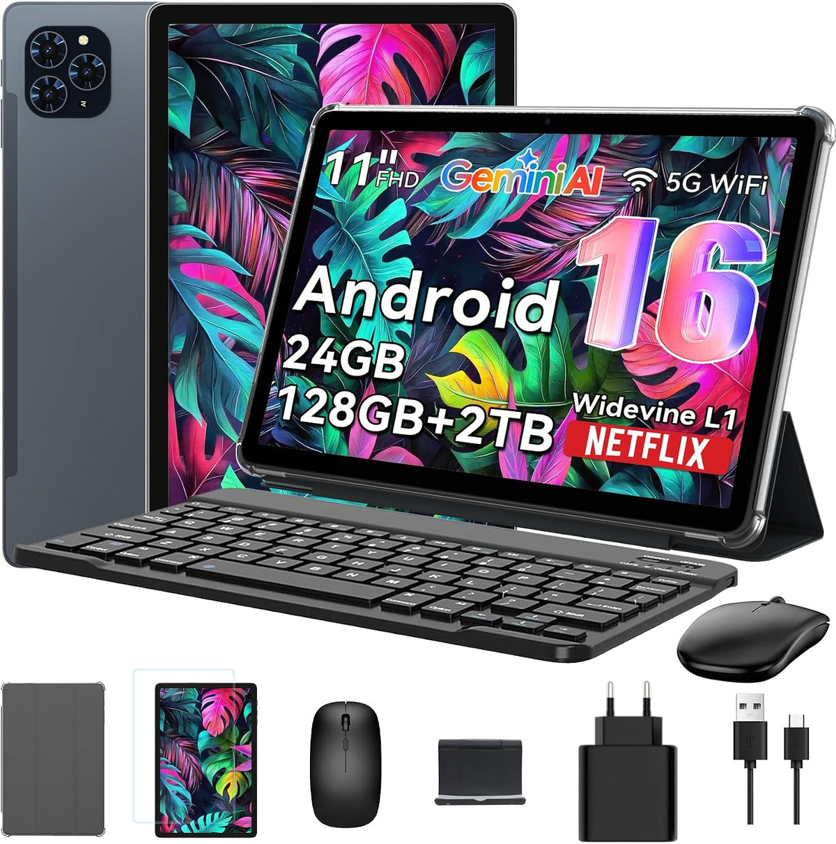 TABWEE Tablet, 11 Zoll, 3.5 mm, Schwarz, Android 16 mit Tastatur - 24GB RAM+128GB ROM, Octa Core, Gaming, Widevine L1