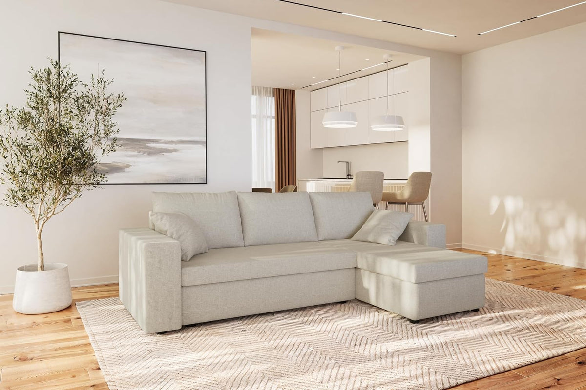 Sofa Antonio Meble, Beige, Eck mit Schlaffunktion und Bettkasten, L-Form