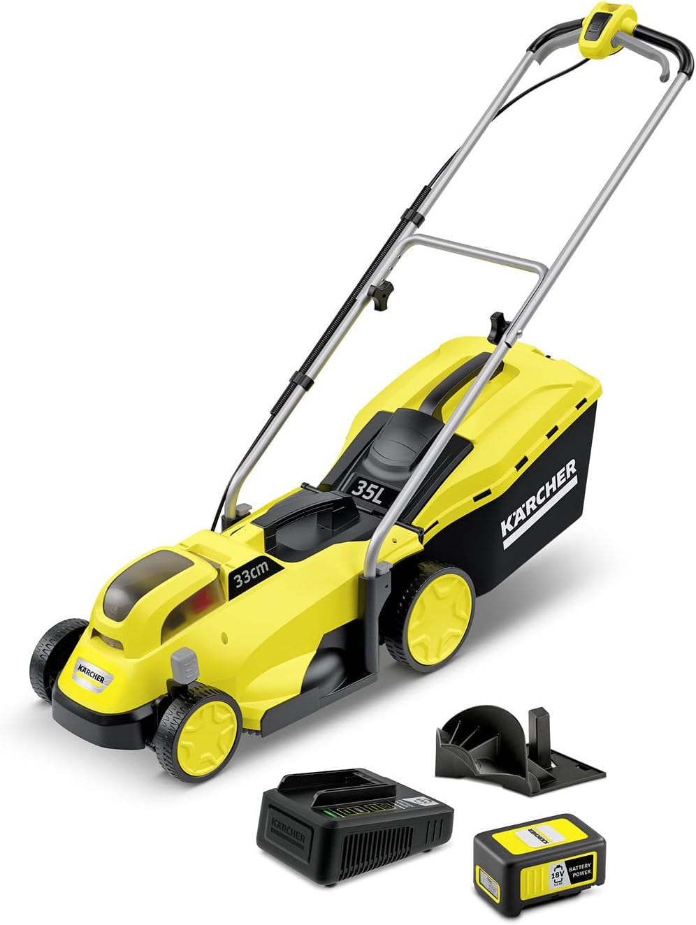 Karcher Rasenmäher, 35 Liter, 33 cm, 65 mm, 250 m, Gelb/Schwarz, Kärcher 18 V Akku- LMO 18-33 Battery Set, Schnittbreite