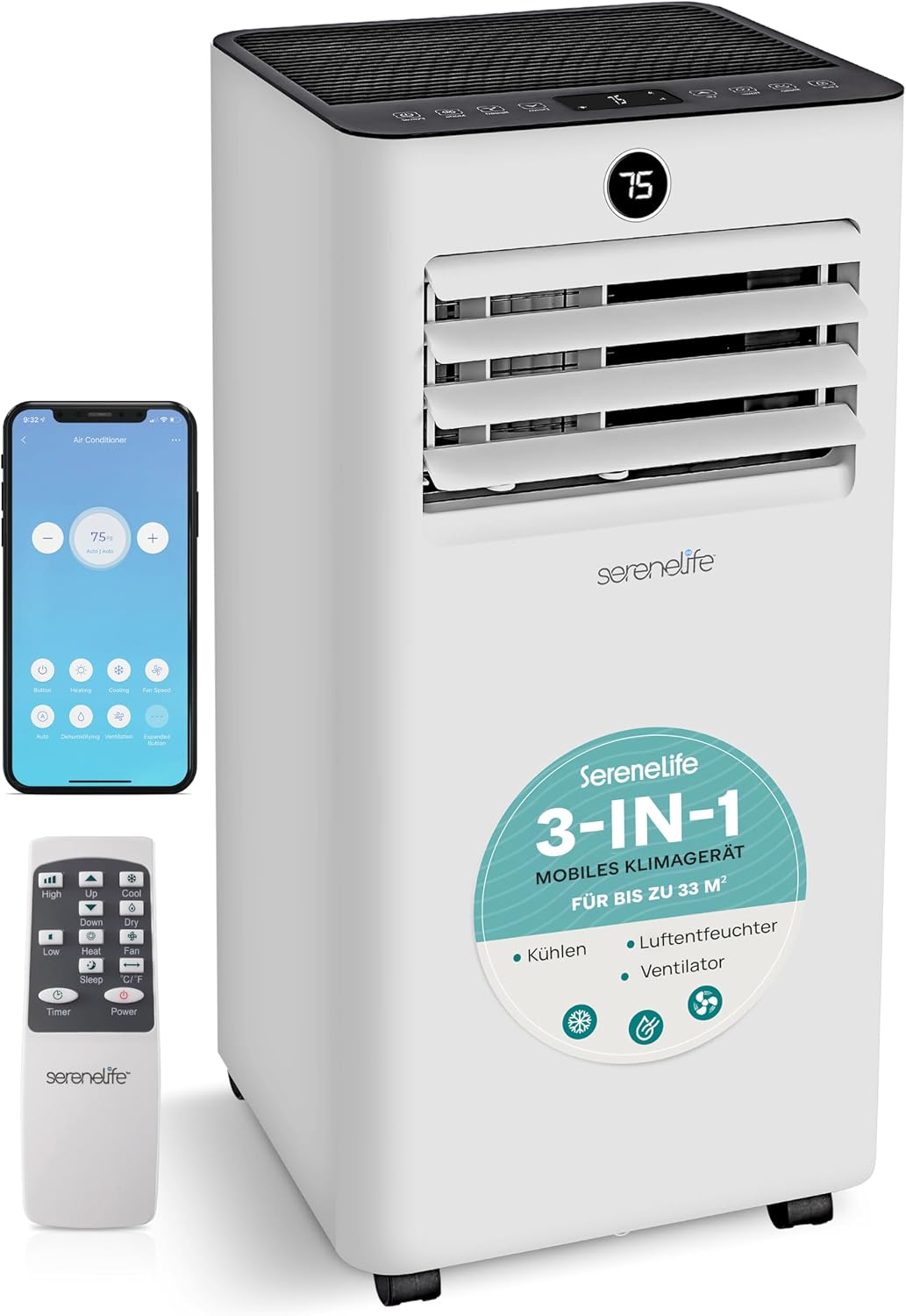 SereneLife Klimaanlage, 33m, Weiß, Mobil mit Abluftschlauch 7000BTU, WLAN- 3-in-1 Klimagerät für Heiße Sommertage